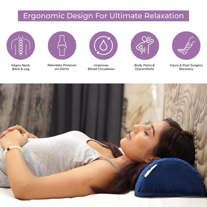 Image of Orthopaedic Leg Support Memory Foam Half Moon Bolster (Blue) - 2 Year Warranty Knee Pain Relief for Side Sleepers Back Alignment Roll for Sleeping & Office Sitting Washable Velvet Cover