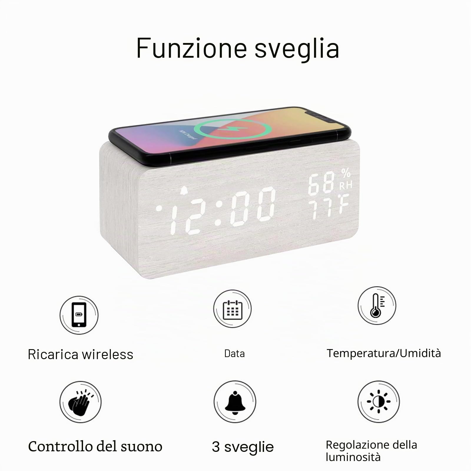 sveglia in legno a LED con ricarica wireless, display di temperatura e umidità, calendario, luminosità regolabile, controllo del suono per camera da letto, casa, ufficio (Bianco)