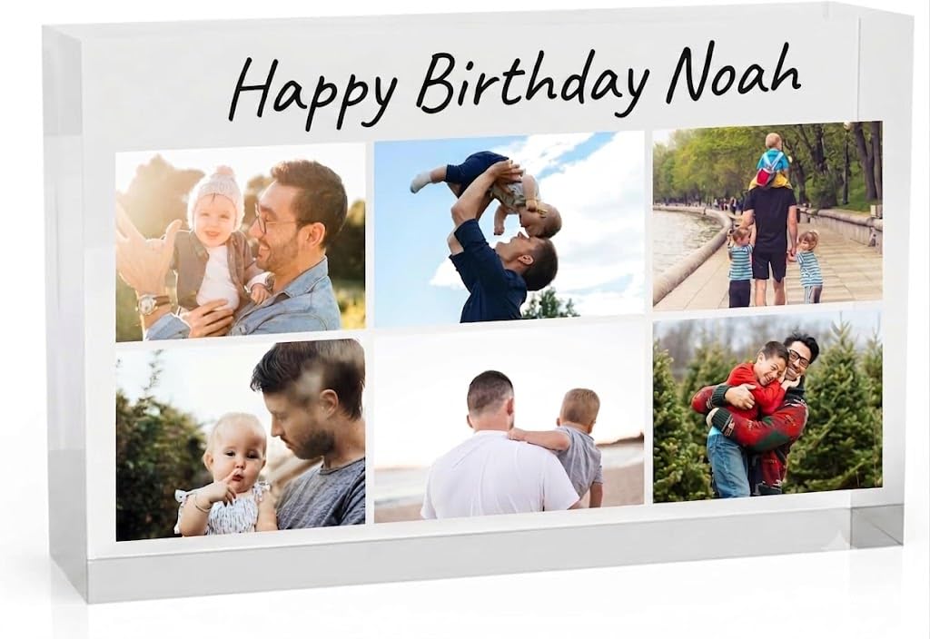 PB TECH Personalised Photo Block with Happy Birthday Text – Acrylic Photo Frame Gift – Picture Collage for Family, Couples, Mum, Dad, Birthday Gift