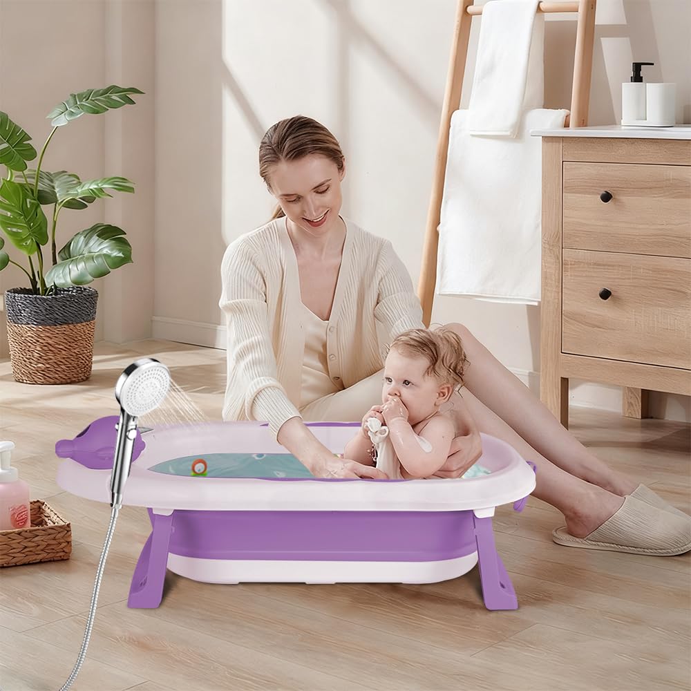 Bañera Bebé, con cojín, bañera plegable para bebés con termómetro digital, para bebés de 0 a 24 meses (morado - con soporte)