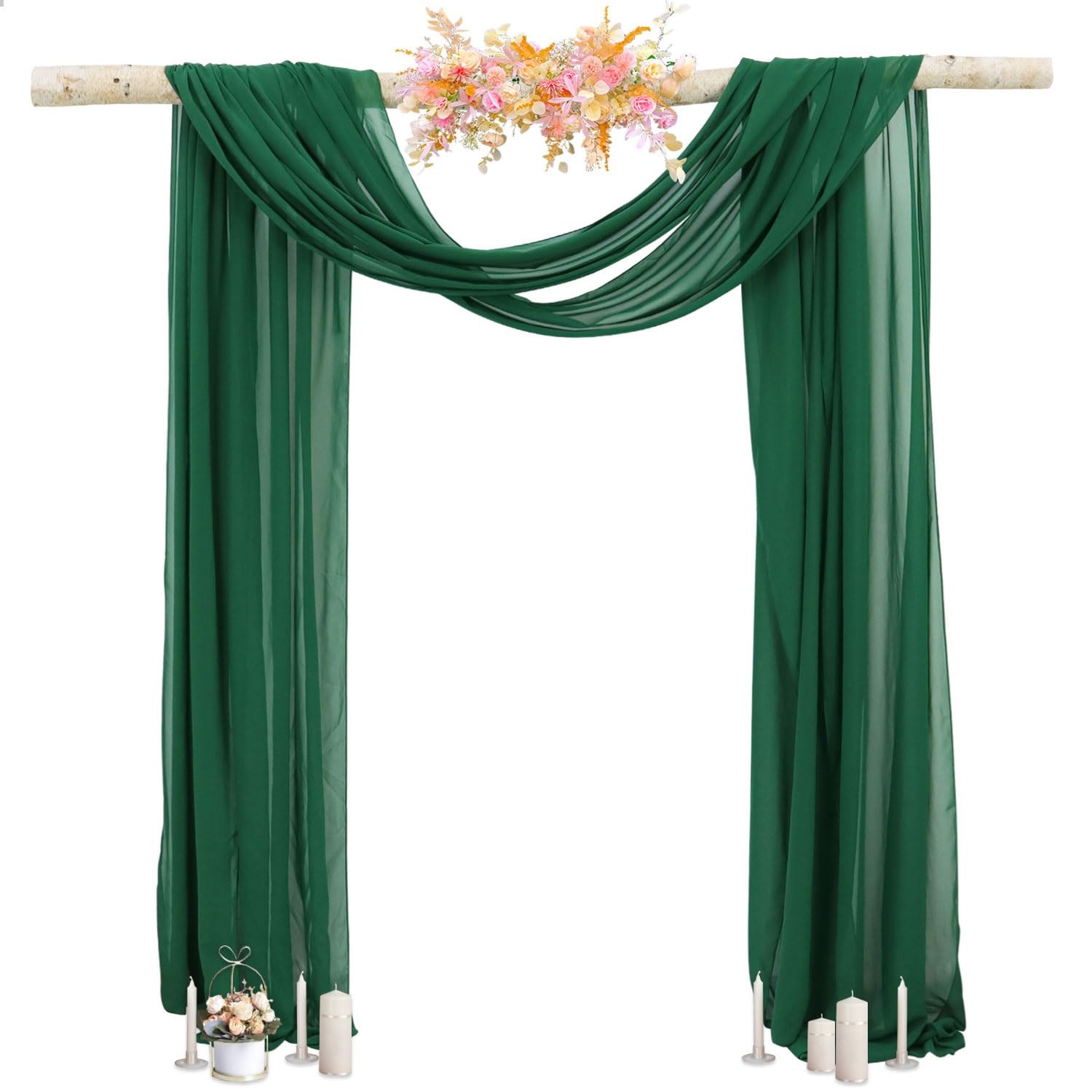 PATYDEST 20FT Wedding Arch Draping Fabric Emerald Green Sheer Curtains for Backdrop 1 Panel Decorations Reception Ceiling Drapes Chiffon Arch Fabric