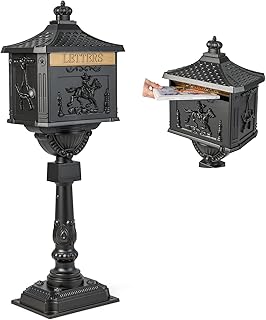 Giantex Cast Aluminum Mailbox with Post - Locking Residential Mailboxes for Outside with Keys, Baffle Door, Expansion Bolts, Address Panel, In-Ground Rust-Proof Large Security Postal Mailbox (Black)