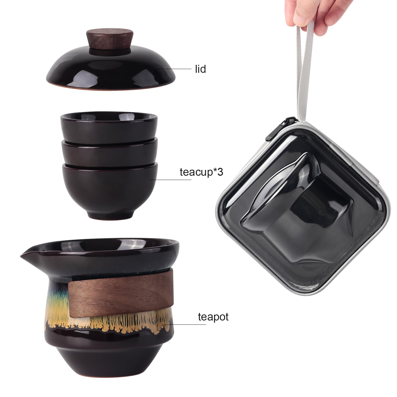 Przenośny zestaw czajniczek do herbaty Kungfu, ceramiczny kubek Gongfu z 3 filiżankami na jeden zestaw w jednej torbie, podróżny zestaw do herbaty dzbanek do herbaty dla miłośników herbaty dom hotel