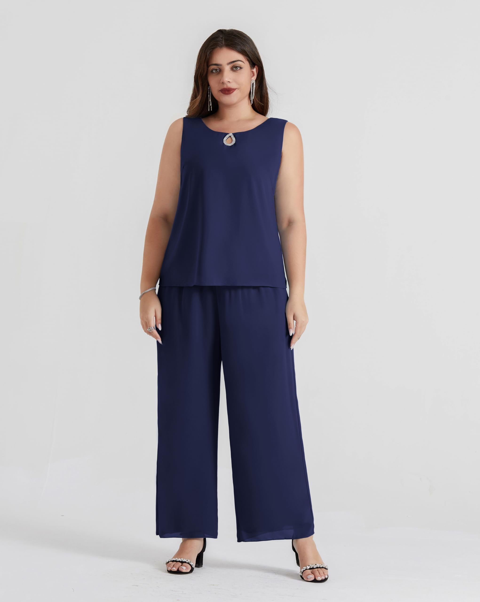 Hanna Nikole Ensemble 3 pièces en mousseline de soie pour femme - Grandes tailles - Pour cocktail, fête, fête - Élégant - Avec t-shirt et taille haute - Pantalon