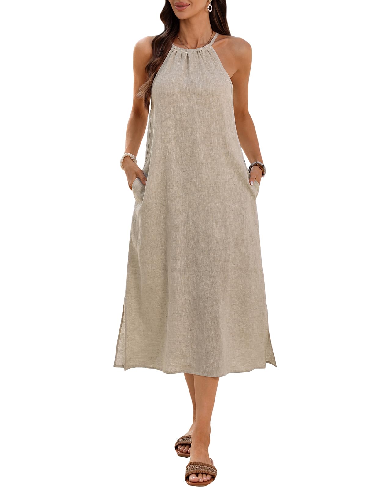 Women's 100% Linen Midi Dress Halter Neck
