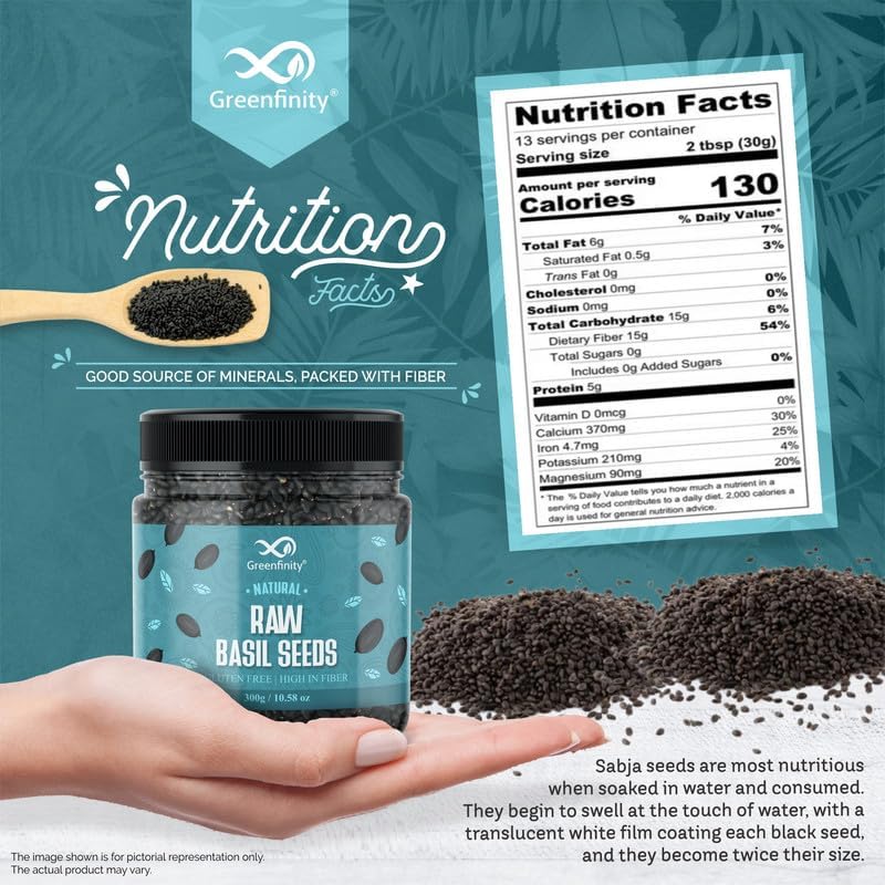 Image of GreenFinity Healthy Basil Seeds | Rich in Omega-3, Dietary Fibre, and Antioxidant Seeds for Weight Management | Rich in Calcium, Protein & Fibre, Salads, Snacks, Smoothies Seeds Tukmaria (300g)