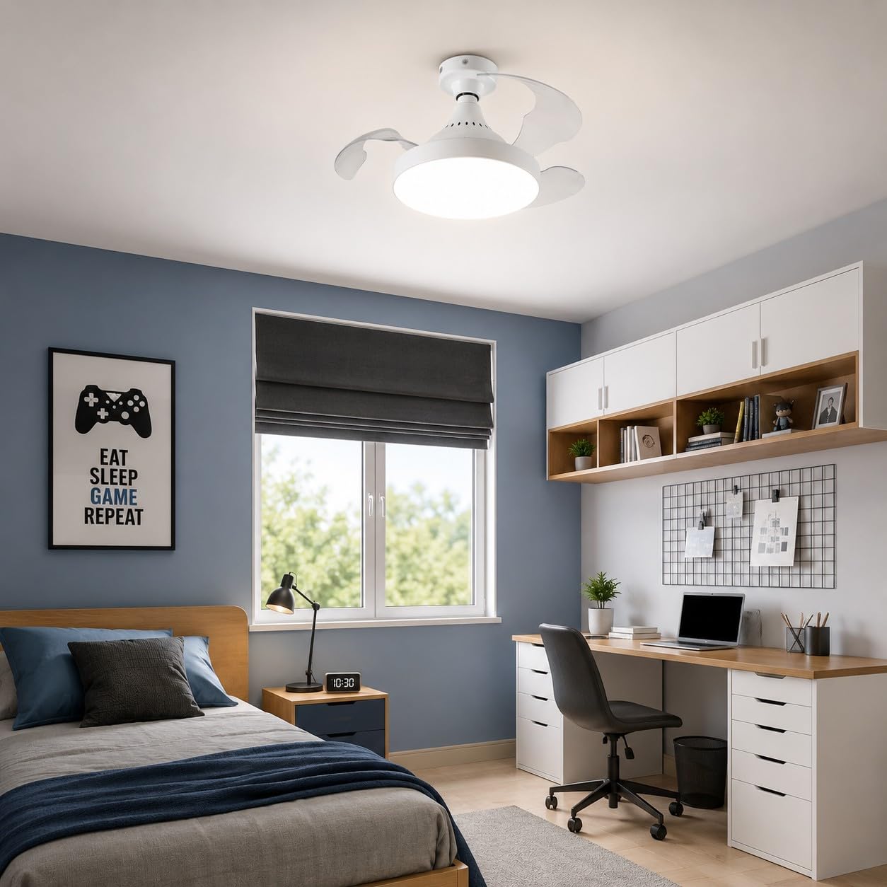 Partenopea Ventilatore da Soffitto con Luce LED E27 Pale Retrattili Telecomando Dimmerabile 3 Temperature Colore 4 Velocità Ventola Lampada Soffitto Silenziosa Attacco E27 per Camera Cucina Studio
