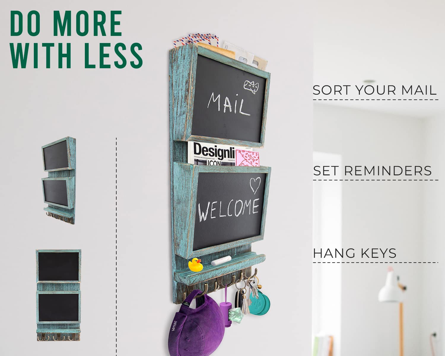 Rustic 2-Slot Mail Sorter Organizer for Wall with Chalkboard Surface & 3 Double Key Hooks - Wooden Wall Mount Mail Holder Organizer – Wall Décor for Entryway Made of Paulownia Wood - Rustic Blue