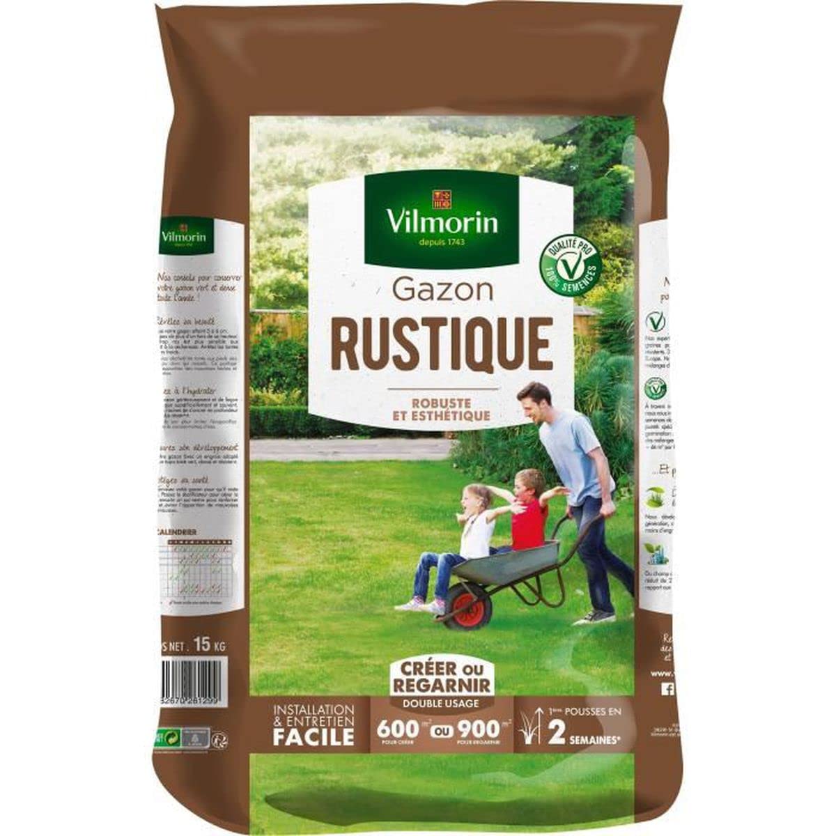 VILMORIN Semillas de Césped Rústico, Siembra de 600 m² a 900 m², Saco 15 kg