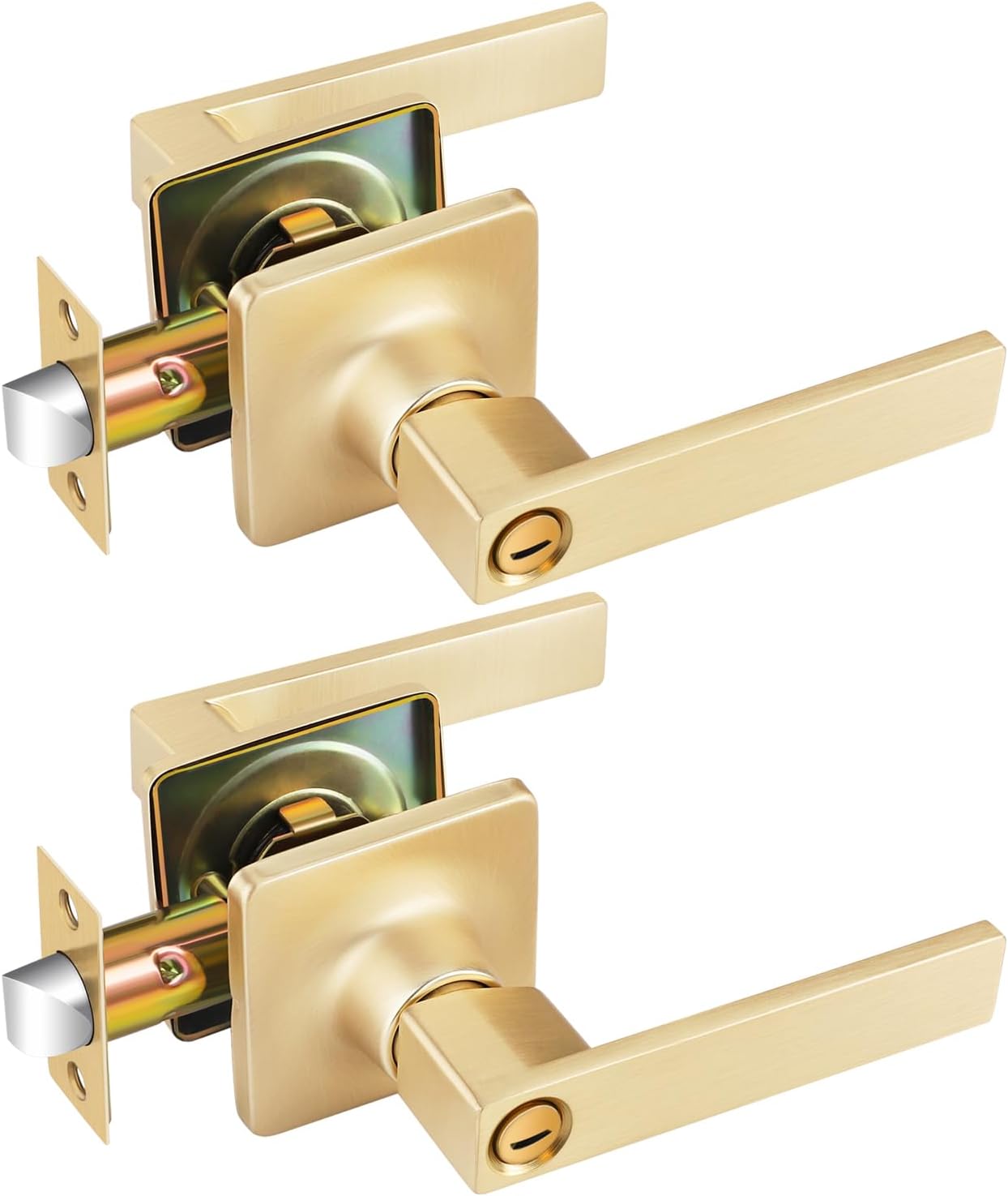EHOMEWARE 2 Pack Gold Door Knobs Privacy Door Lever Brushed Brass, Interior Door Levers for Bedroom Bathroom, Reversible for Left or Right Handed Doors 2 Pack Privacy Door Handle - No Key