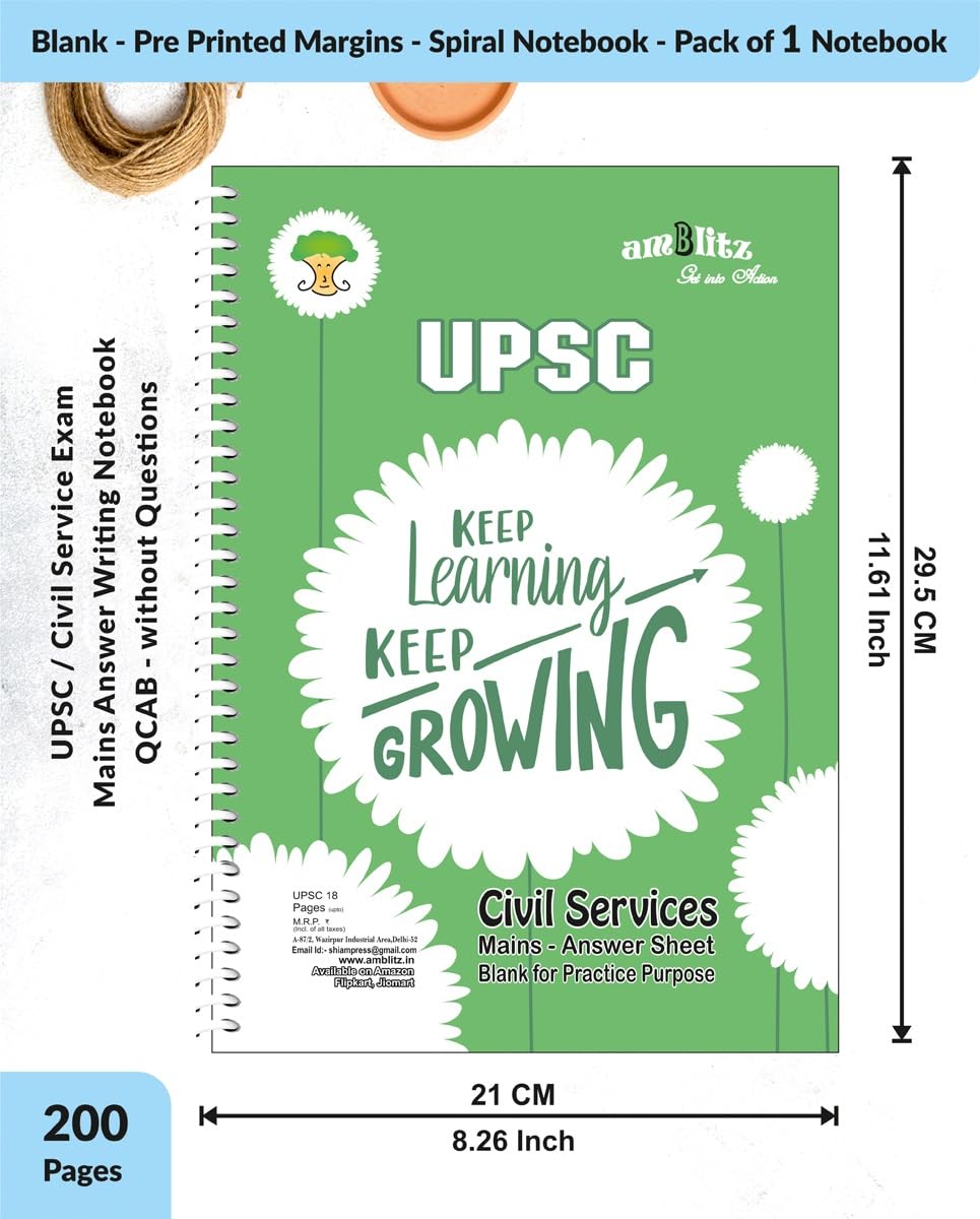 amblitz UPSC Answer Writing Sheet | 200 Pages | Spiral Notebook | A4 Size | Blank with Pre-Printed Margin for Practice | 70 GSM Thick Paper | 1