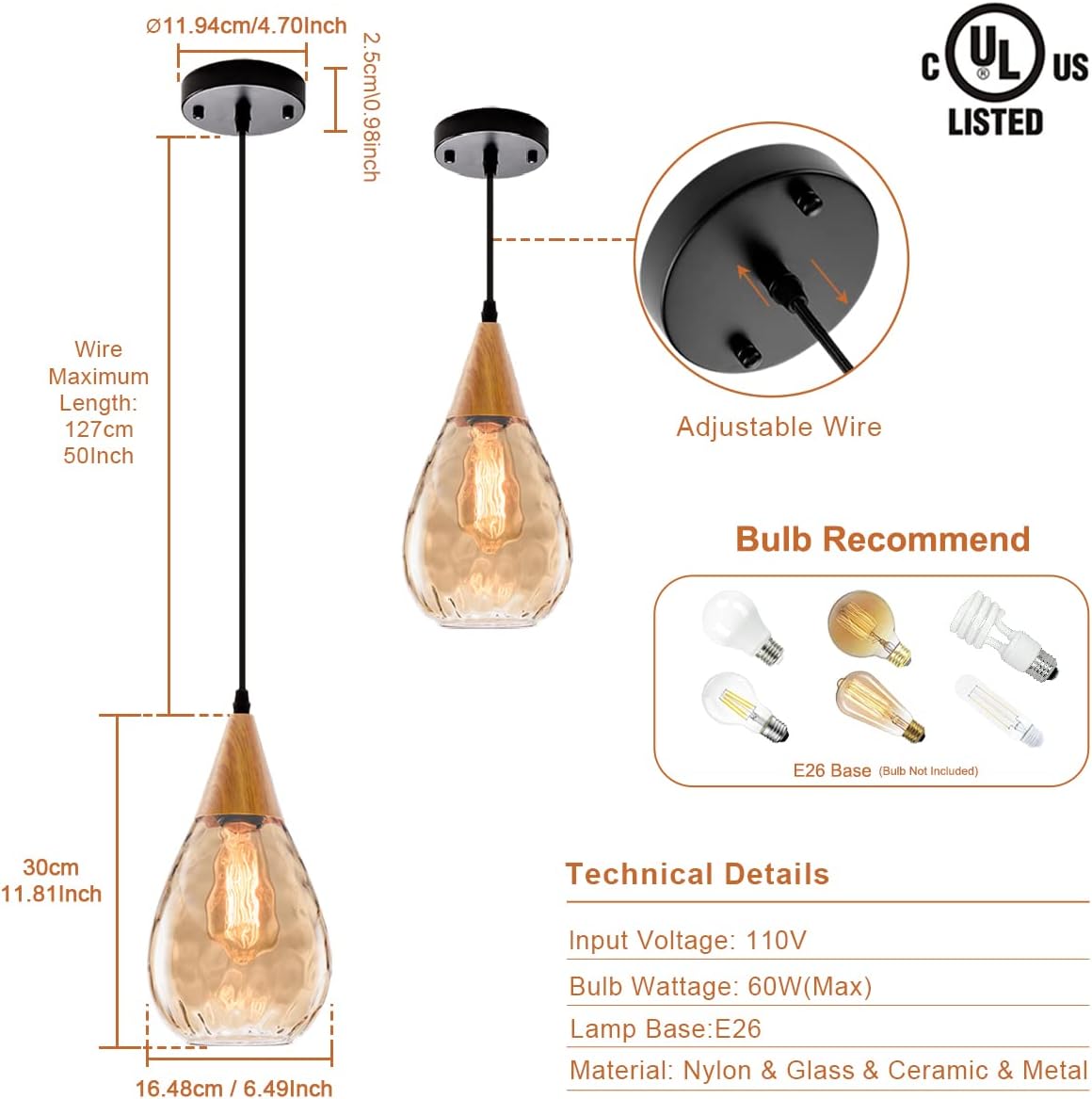 3 Packs Pendant Light with Teardrop Glass Adjustable Nylon Core Contemporary Medium-Ceiling Lights for Kitchen Island Coffee Table Work Area Dining Room(Bulb Not Included)