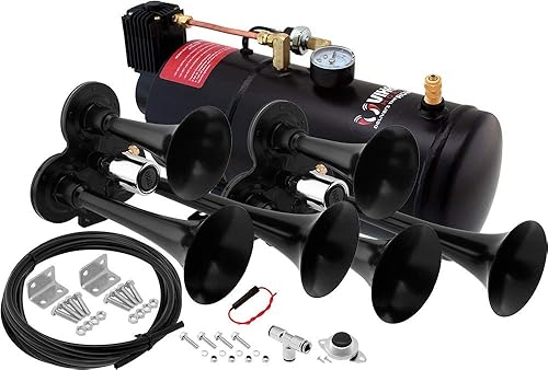 Vixen Horns Kit de bocina de tren para camiones/coche/semi. Sistema completo a bordo: compresor de aire de 150 psi, tanque de 1 galón, 6 trompetas.