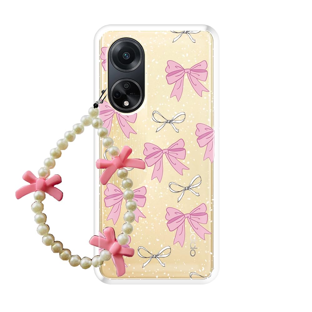 EMBLE Printed Silicon Back Cover for Oppo Reno 8T Back Case with Charm Chain Strap Beads & Pearls for Girls Stylish (Pink Bow)-image-11