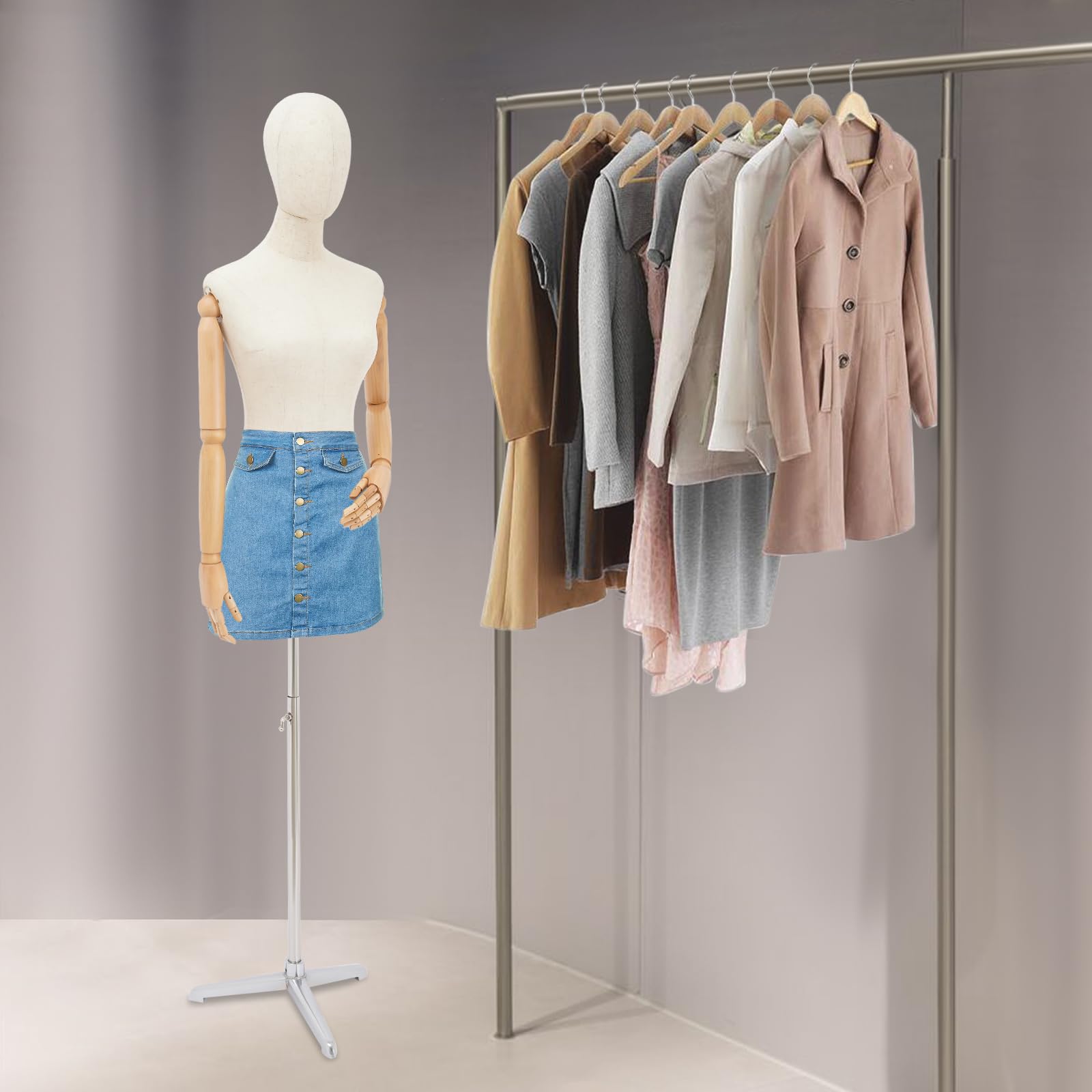 Maniquí premium femenino ajustable 65-120 cm maniquí de costura con cabeza giratoria, manos de madera, base estable, maniquí desmontable, maniquí torso para boutiques, tiendas, escaparates