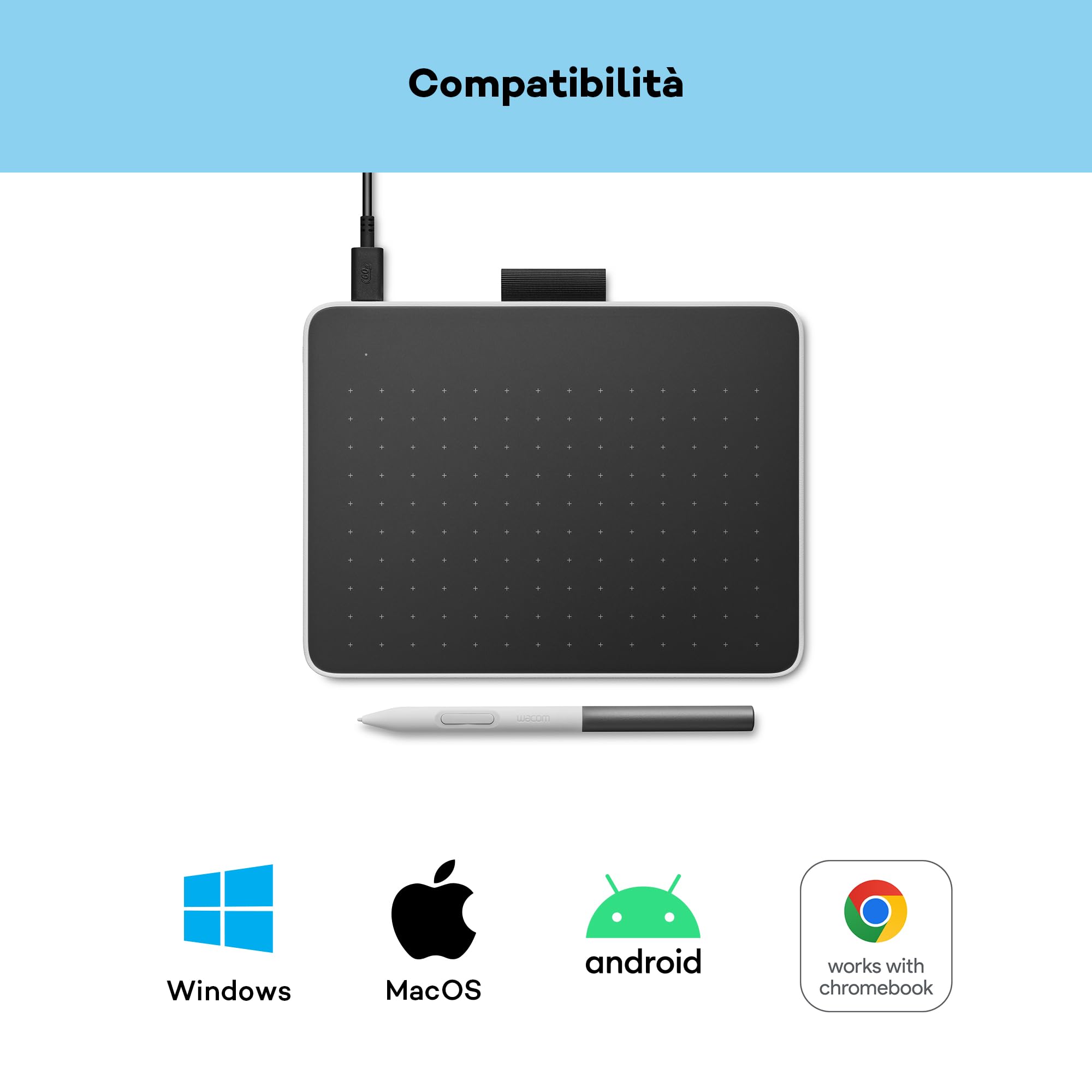 Tavoletta con penna Wacom One S inclusa penna EMR senza batteria, connessione Bluetooth, per Windows, Mac, Chromebook e Android. Ideale per creativi principianti, per il disegno in digitale