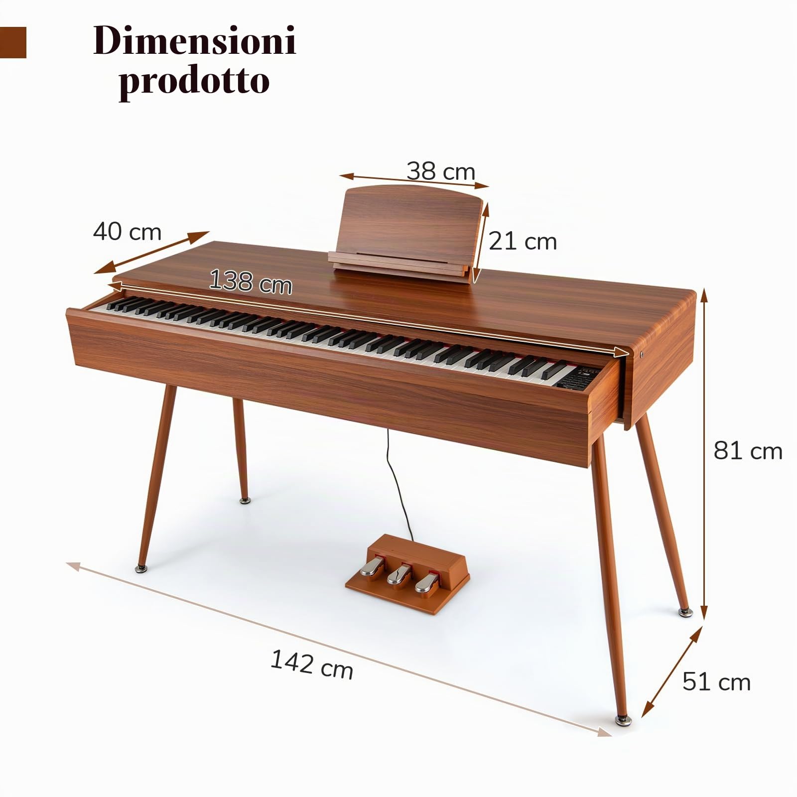 KOMFOTTEU Piano Digitale 88 Tasti, Tastiera Piano Elettronica con 800 Suoni & 600 Ritmi, Tasti Pesanti, Piano Digitale con Supporto & 3 Pedali, Modalità Doppia Tastiera, Marrone