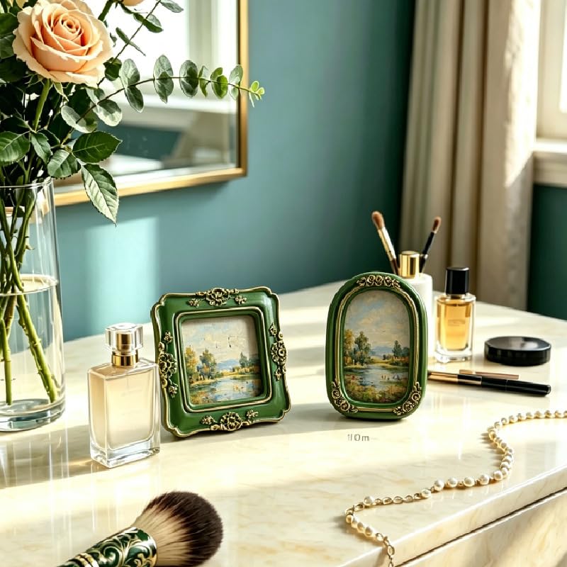 Image of Vintage Decorative Mini Picture Frames Set, Black with Gold Accents, 3 Pack Antique Style Resin Photo Frames for Wall Display, DIY Jewelry, Photography (Green)