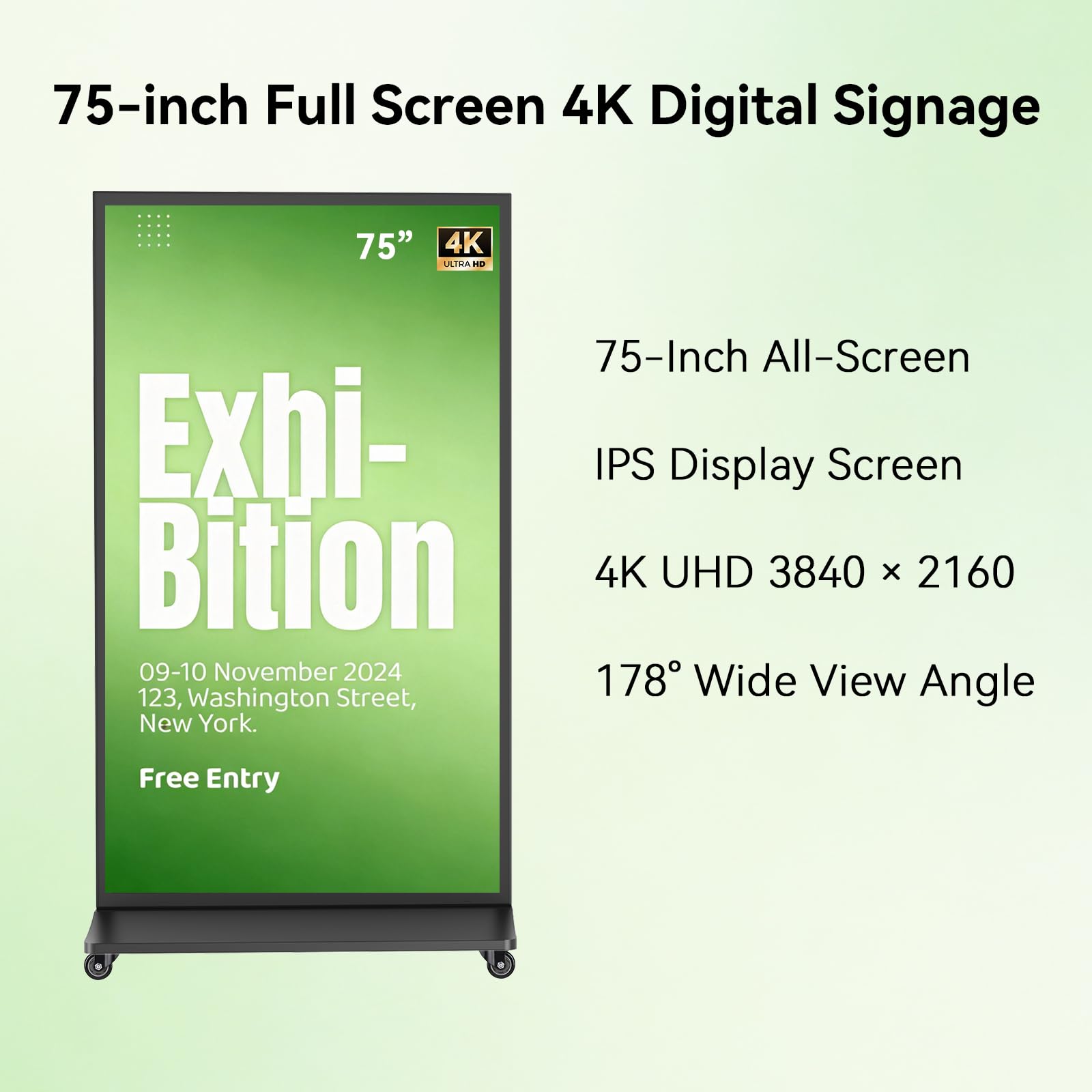 MWE 85 Zoll Digitaler Kundenstopper, 4K UHD Digital Signage Display, Full-Screen LCD Digital Customer Stopper, Werbedisplay mit Rollen, geeignet für Restaurant, Einkaufszentrum, Einzelhandel