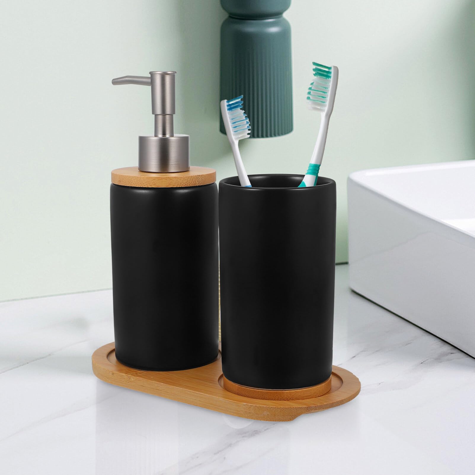 Set de Vaso de Tocador Cerámico Negro 1 Pieza Bandeja