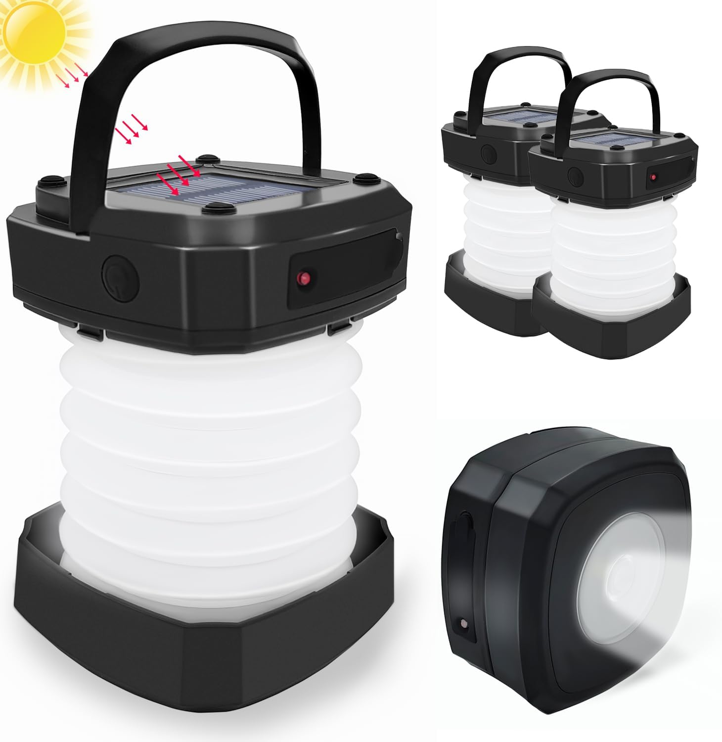 Solar Powered Lantern Flashlight,2-Pack Collapsible LED Camping Lantern,Portable USB Rechargeable Lamp for Power Outages,Emergencies,Hurricanes,Tent Lighting,Hiking,Backpacking Gear(Black)