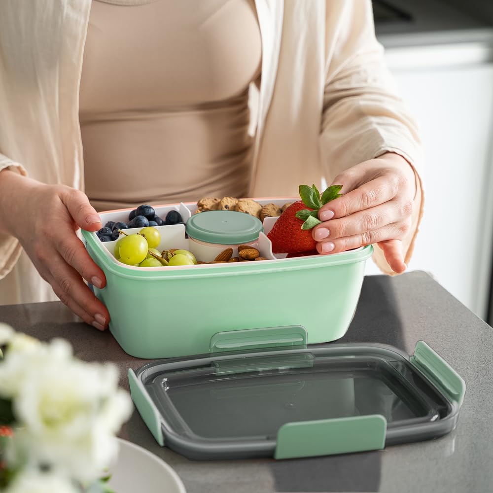 Bugucat Lot de 2 boîtes à déjeuner pour adulte - 2000 ml - Anti-fuite - Avec compartiments pour enfants - Boîte à salade à emporter avec fourchette - Pour l'école - Vert foncé + rose