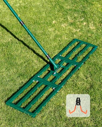 Rastrillo de Nivelación de Césped 114x25cm: JanTeelGO Rastrillo para Nivelar el Césped con Gancho de Montaje en la Pared, Rastrillo Nivelador para Césped Jardín, Campo de Golf