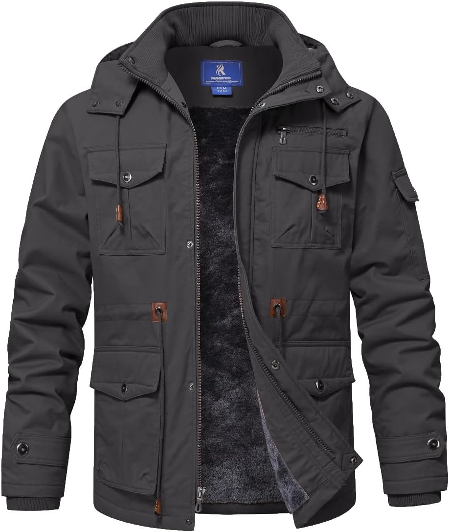 SPOSULEI Winter Jackets for Men Cotton Work Fleece Lined Army Jacket Winter Military Coat with Multi-Pockets Black M