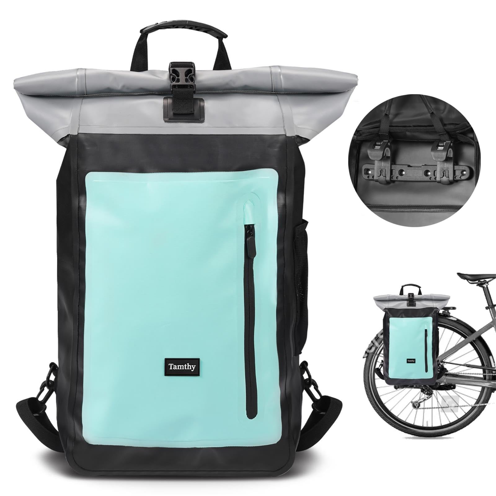 Sacoche Velo Porte Bagage Arriere 100% Imperméable avec Compartiment pour Ordinateur Portable 2 en 1 Sac à Dos & Sacoche Vélo Arriere pour Vélo, Déplacements Quotidiens, Voyages (Menthe, 28L)