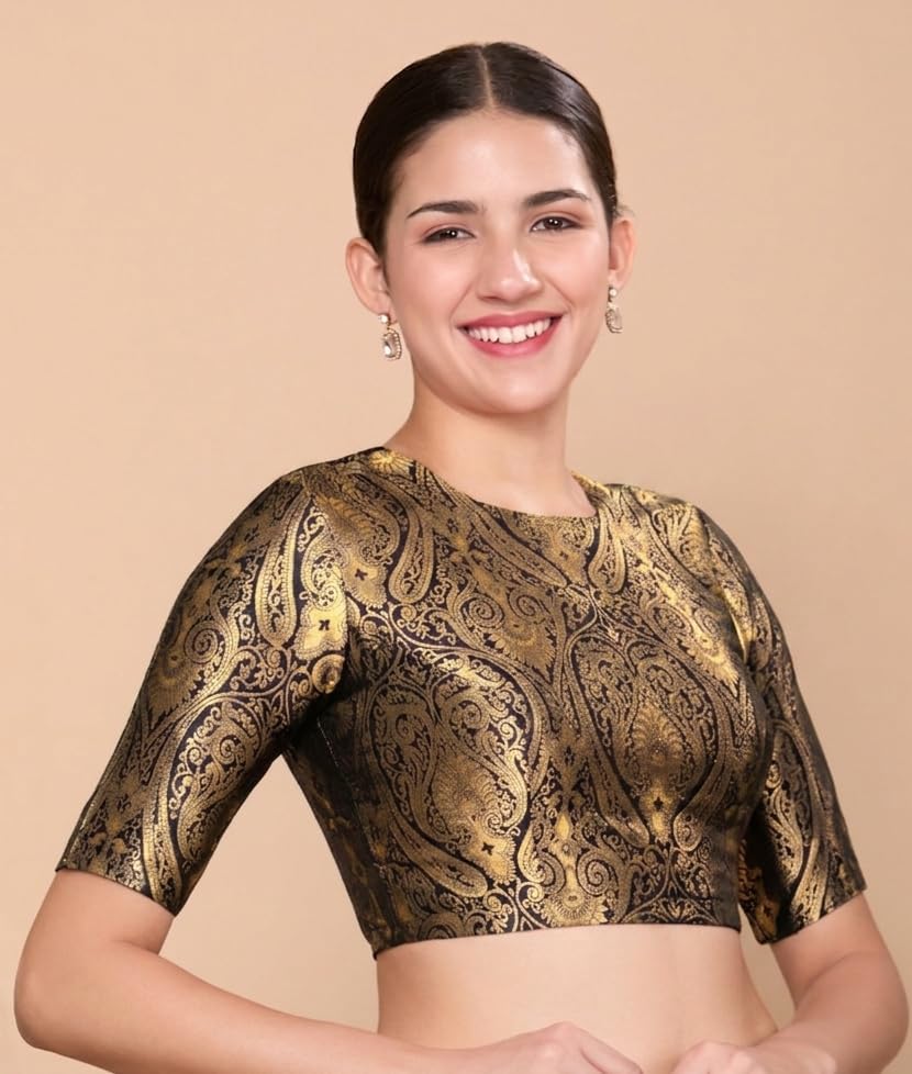Image of Studio Shringaar Women Brocade Silky Jewel Neck Readymade Elbow Length Sleeve Saree Blouse