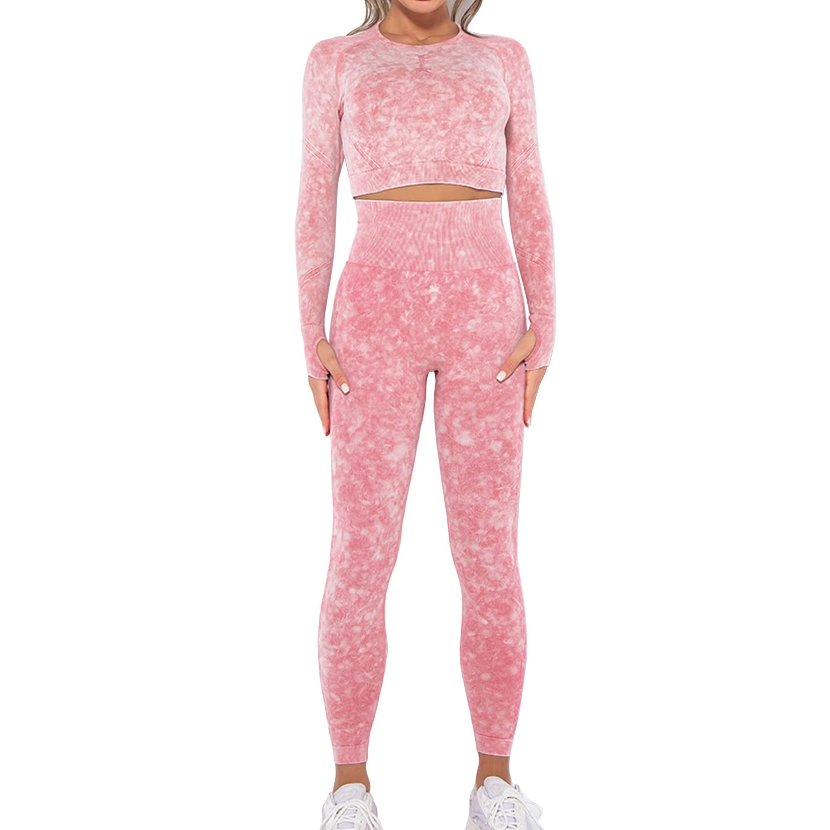 Lus Chic Womens Two Piece Outfit Long Sleeve Crop Top Tracksuit Yoga Legging Workout High Waisted