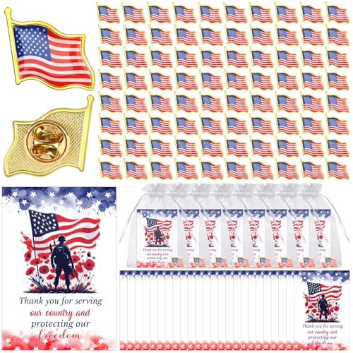 Image of 80 Set Memorial Day Pin Veteran Gifts Bulk American Flag Lapel Pins Thank You Veterans Cards and Organza Bag Patriotic US Flag Pin for Women Men Veterans Independence Day Decoration