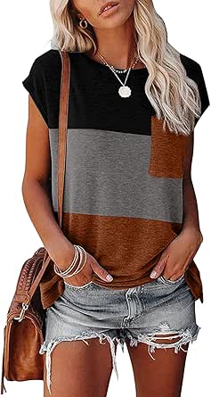 NANYUAYA Womens Summer Casual Tops 2023 Basic Loose Cap Sleeve Tshirts Solid Color Blouse with Pocket