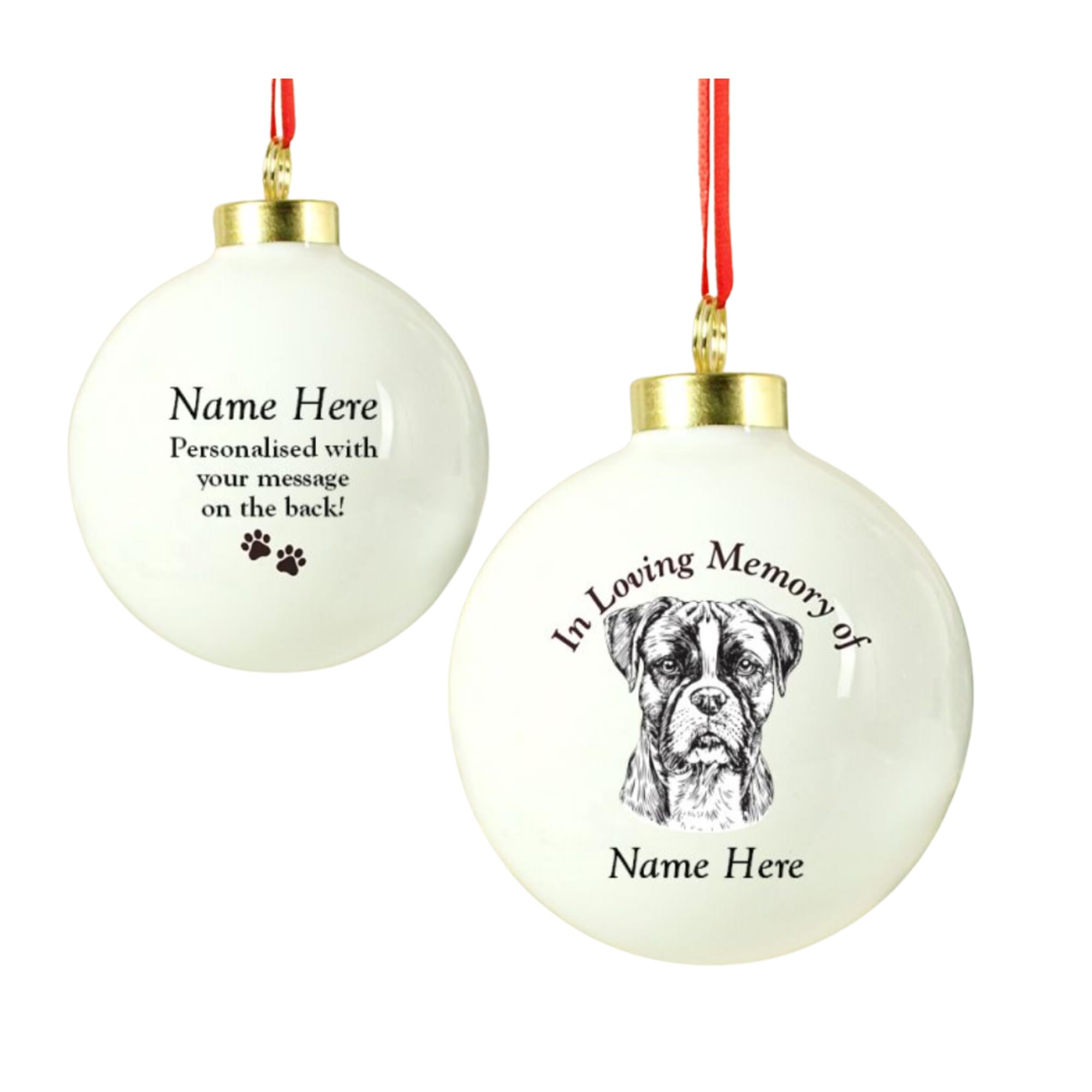 Caleli Gifts White Boxer Memorial Bauble. Personalised Dog Memorial Bauble