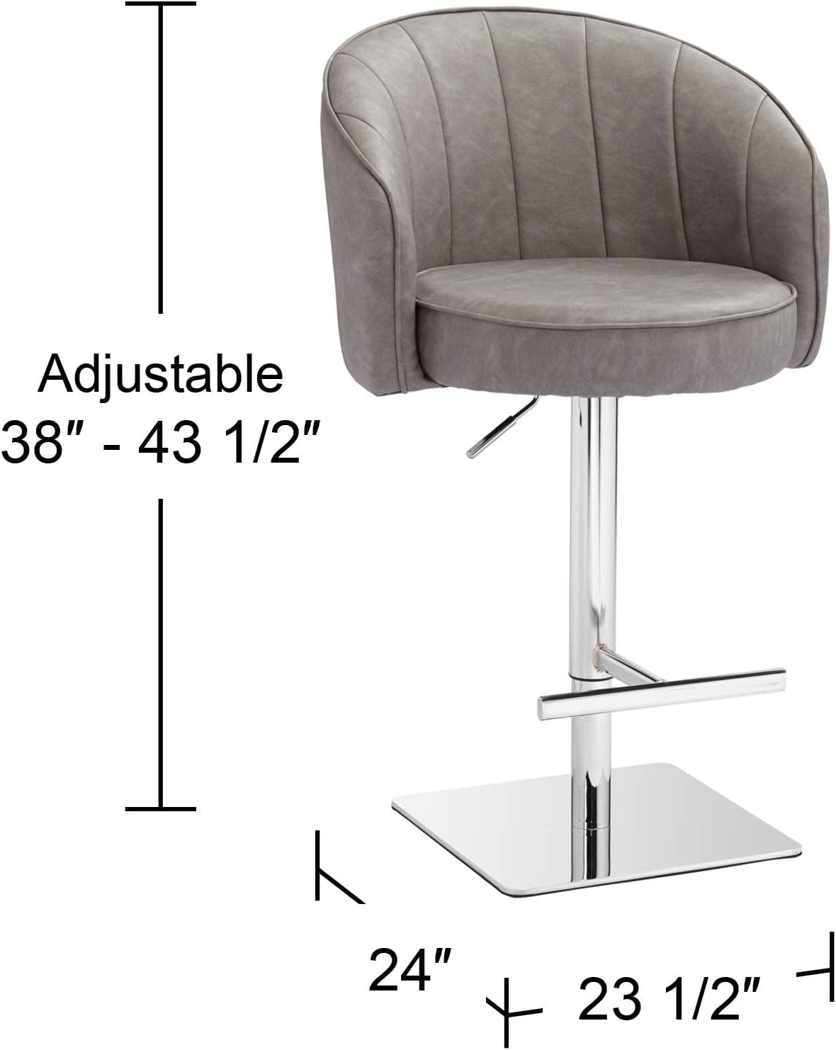 Studio 55D Chase Chrome Metal Swivel Bar Stool 31" High Mid Century Modern Gray Faux Leather Tufted Upholstered Cushion Adjustable with Backrest Footrest for Kitchen Counter Island Home