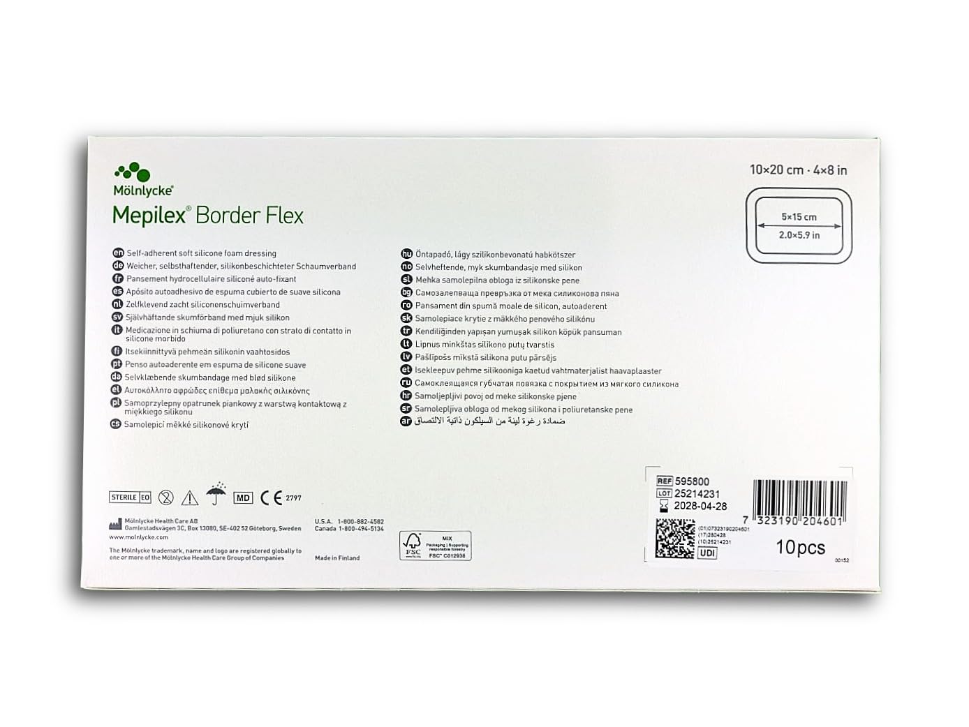 Mepilex Border Flex, 10 x 20 cm, Selbsthaftender weicher Silikonschaumverband, 10 Stk.