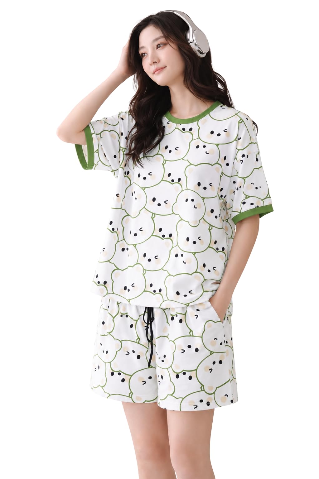 rinkweve Women's Cute Bear Print Night Suit Set, Soft Comfortable Half Sleeve Top & Shorts Co-Ord Sleepwear Set, Relaxed Fit Pajama Nightwear for Women & Girls-picture-2
