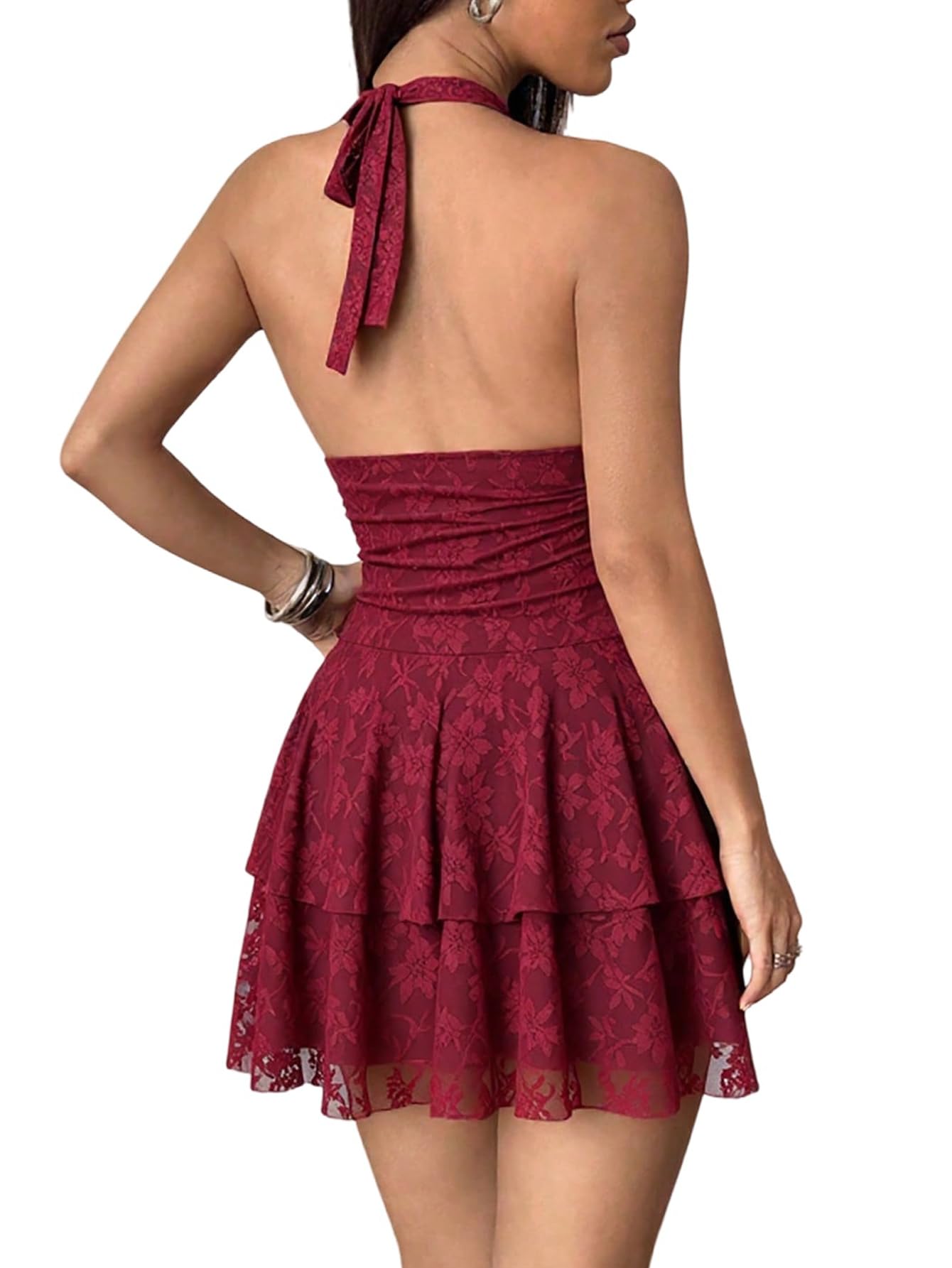 SweatyRocks Damen Neckholder Kleid A Linie Minikleid Spitzenkleid