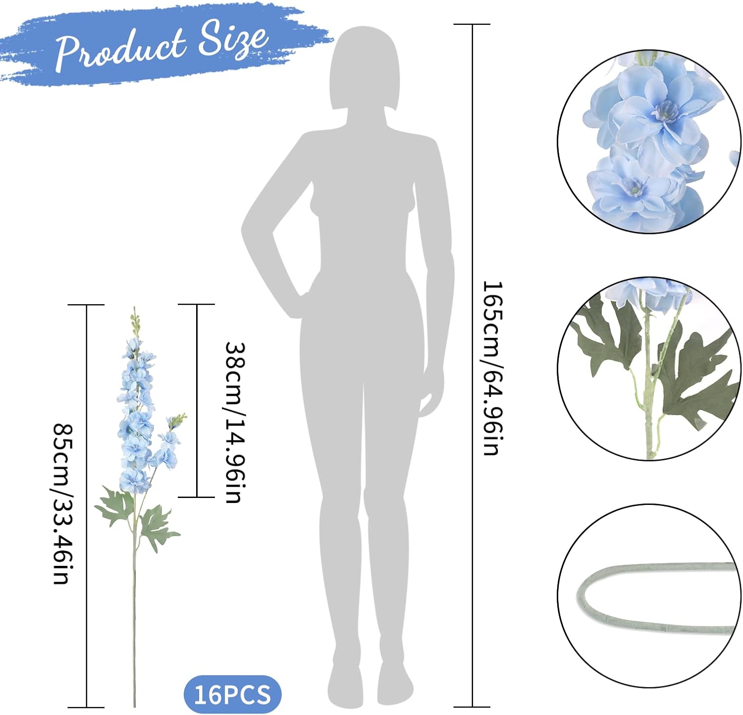 16Pcs Light Blue Delphinium Artificial Flower 33.5'' Faux Flowers Long Stem Silk Larkspur Flowers Bulk for Tall Vase for Home Wedding Floral Arrangements Centerpiece Table Decor