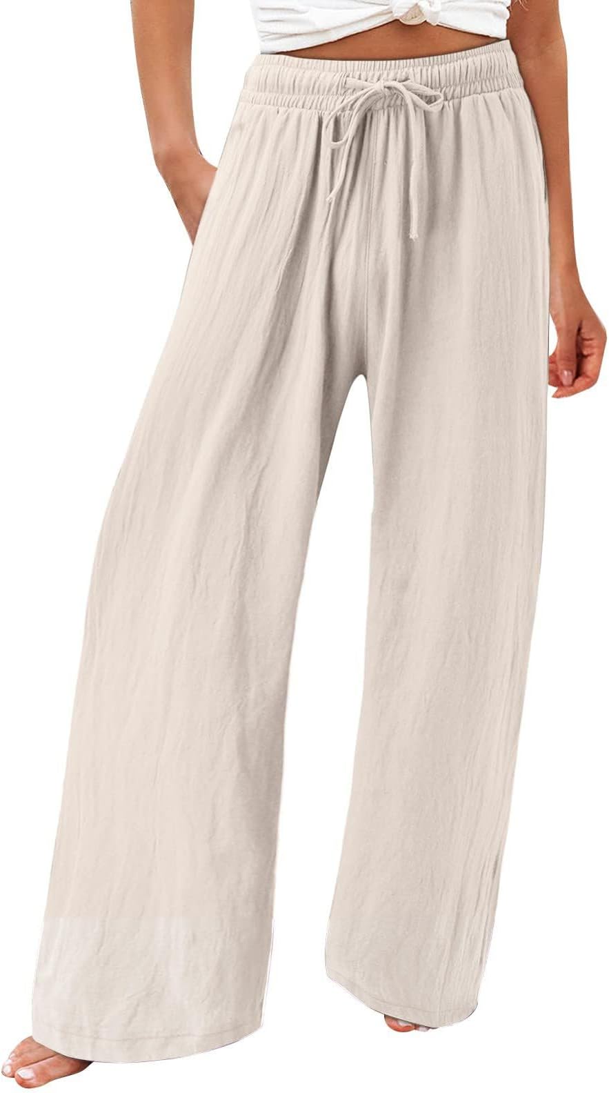 DOLKFU Women's 2023 Casual Straight Wide Leg Pants Drawstring Elastic Cotton Linen Pants Loose Lightweight Trousers