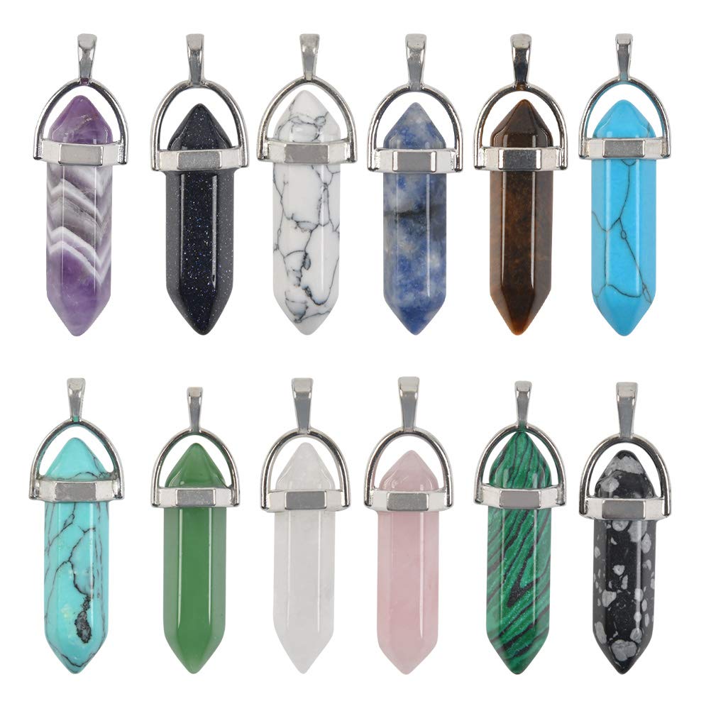 12PCS Crystal Necklace Gemstone Hexagonal Pointed Pendant Jewelry Wired Natural Crystal Energy Stone,Chakra Pendant Necklace for Women,Girls（No Chain)