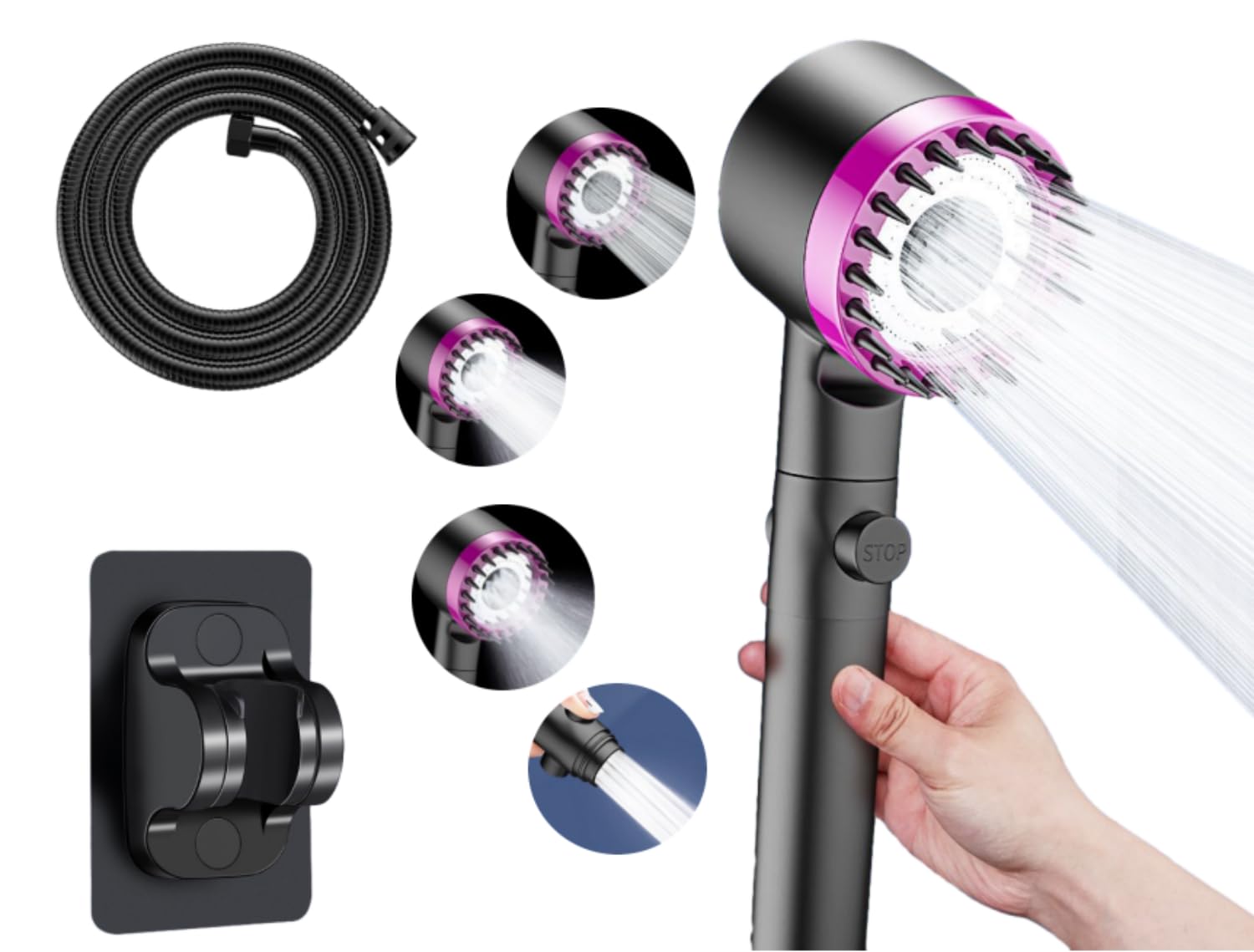 High Pressure Handheld Shower Head with 150CM Hose & Adhesive Holder, 4 Spray Mode Handheld Shower Head with ON/OFF Pause Switch to Saving Water,Rainfall Spa Hand Held Water Sprinkler (Black)