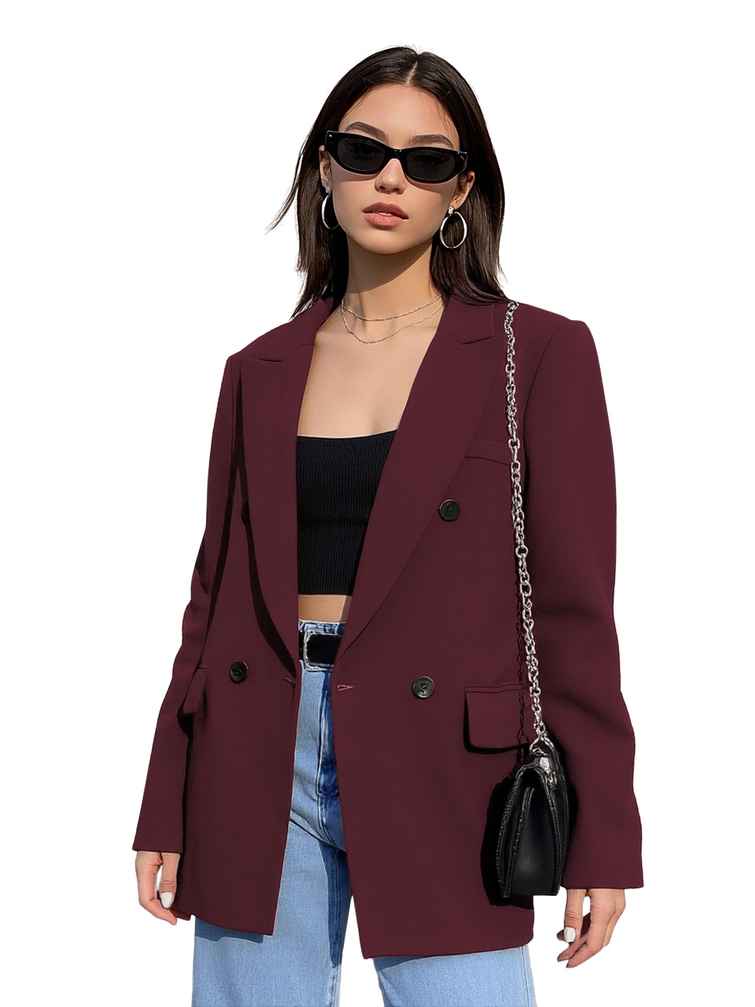 Womens Double Breasted Blazer Suit Jacket Notched Lapel Open Front Casual Loose Sport Coat