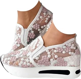 Platform Slip On Sneakers for Women Floral Lace Embroidery Wedge Shoes