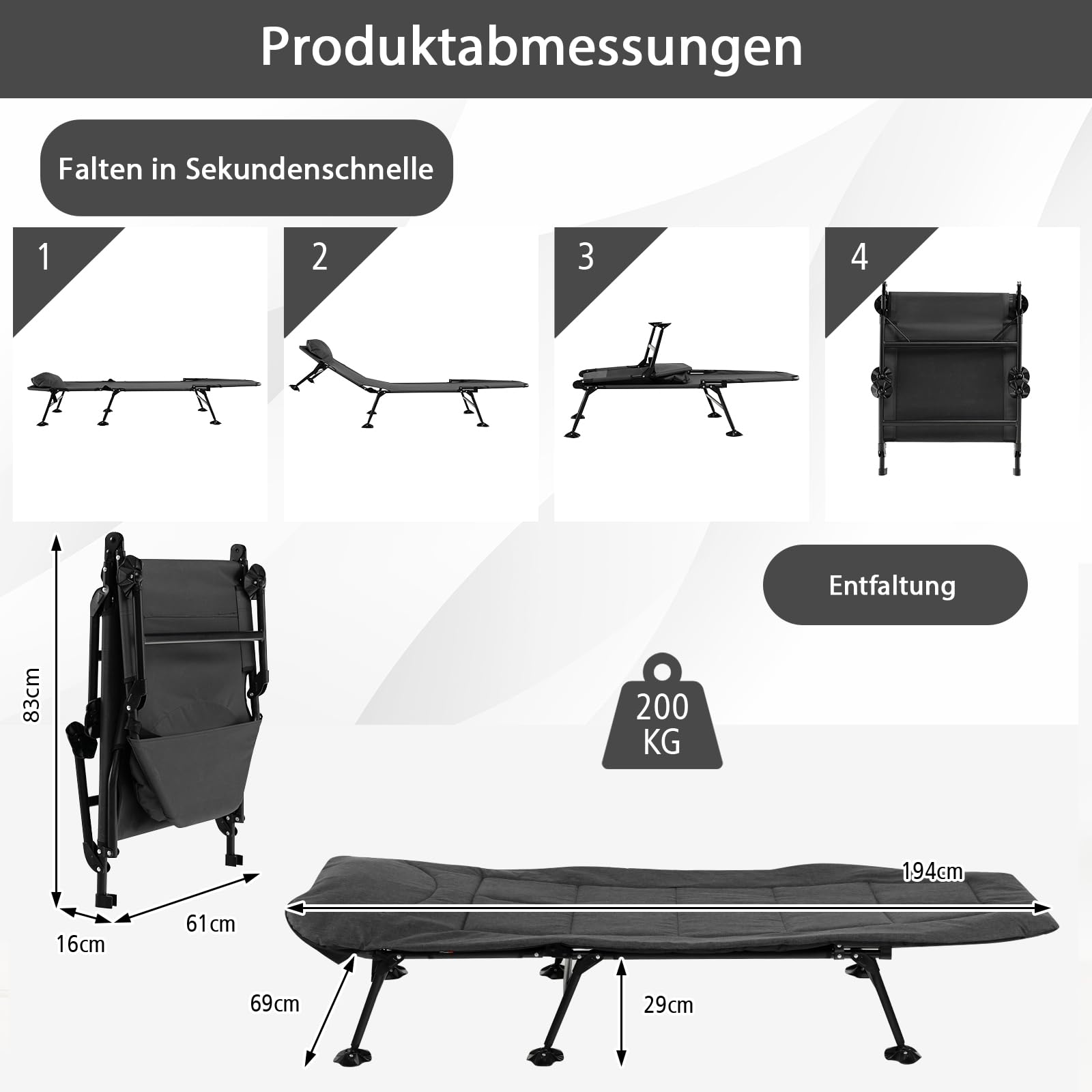 SOARS Karpfenliege klappbar, Angelliege mit 6-Fach Verstellbarer Rückenlehne, Kopfkissen & Matratze, Campingliege 6-Bein mit großen Schlammfüßen bis 200 kg belastbar, 194 x 66 x 29 cm