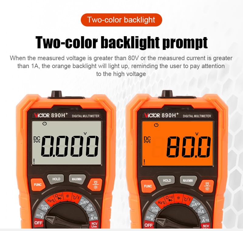 Multimeter display showing two-color backlight for high voltage warning