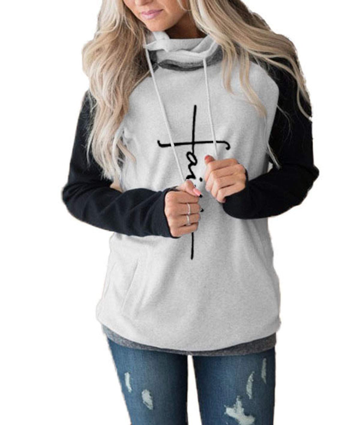 AELSON Women's Casual Patchwork Hoodies Long Sleeve Lightweight Pullover Tops Sweatshirts with Pocket X-Large 2-black