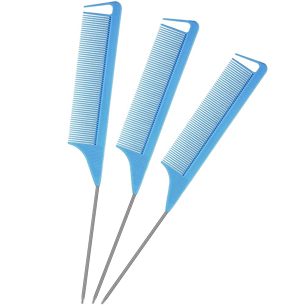 Hair Comb, ELECDON Parting Comb for Braids Professional Rat Tail Hair Comb Salon Fine Tooth Distribution Comb with Stainless Steel Pintail, Hair Styling Tool, 3 Pieces (Blue)