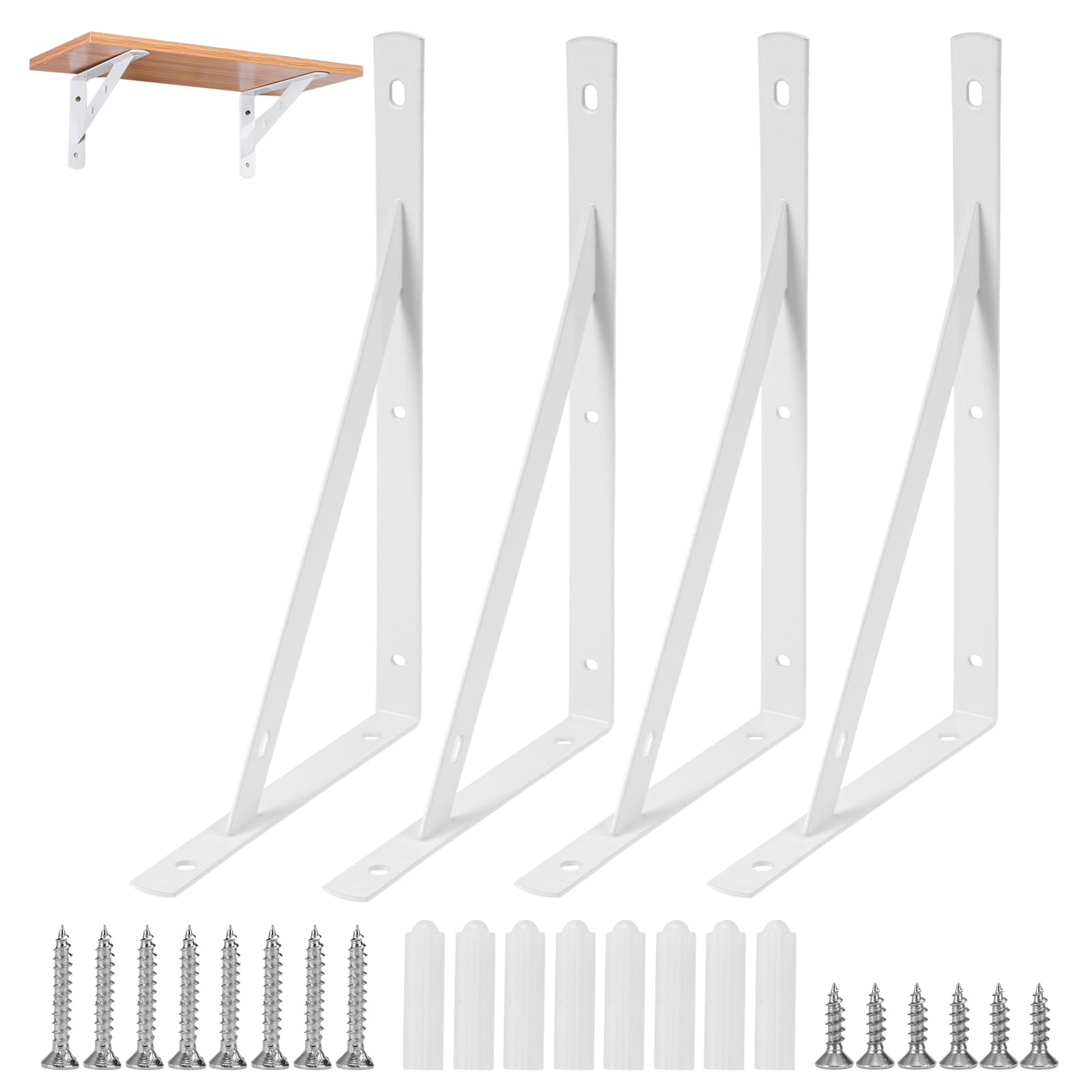 4 Piezas Soportes para Estantes Pesados, 25x15cm Soporte Estantes Triangulares de 90 Grados, Escuadras para Estanterías Metálicas con Tornillos, Blanco Escuadras Baldas para Montaje en Pared