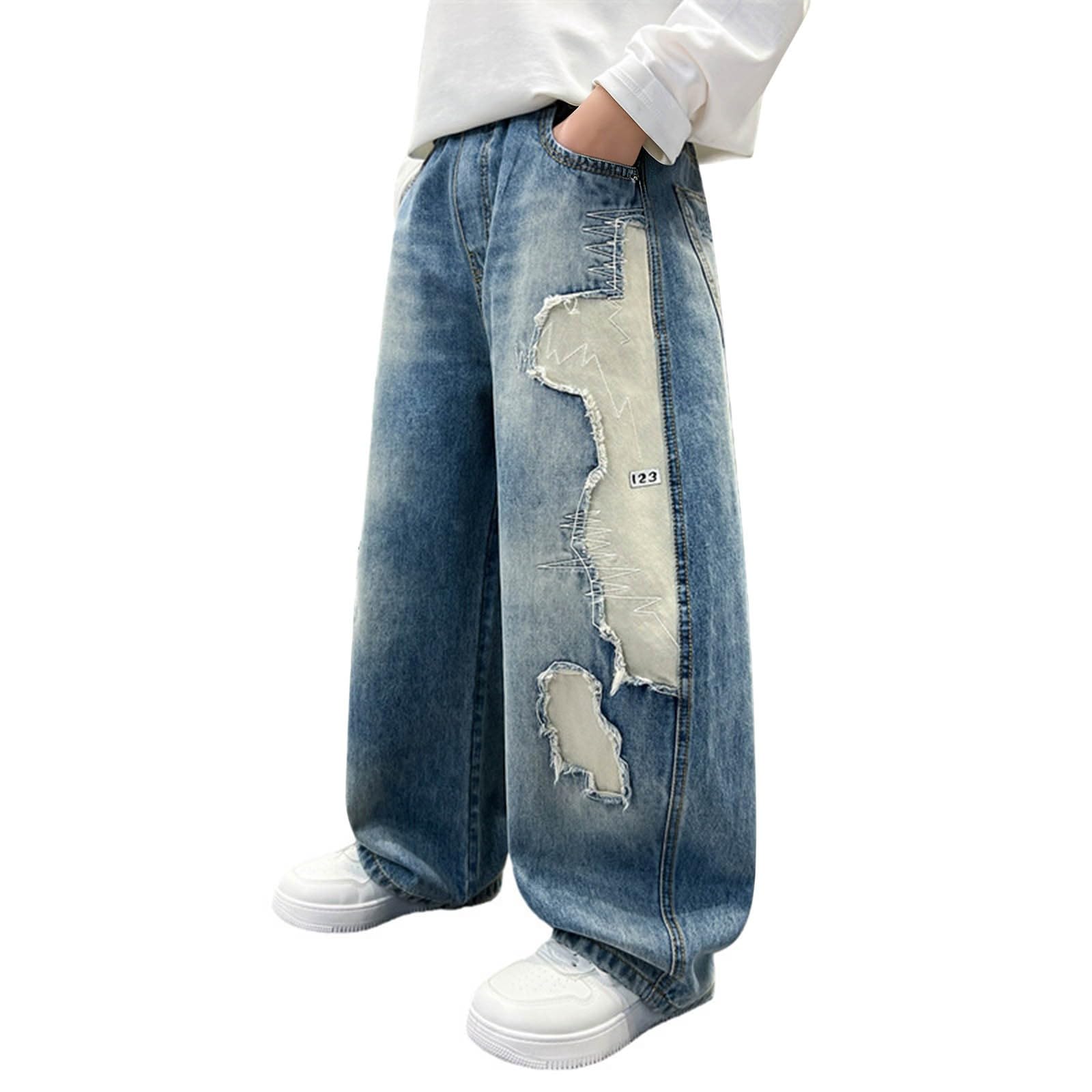 Pantalones vaqueros infantiles holgados cómodos que no aprietan con diseño patchwork recto 8